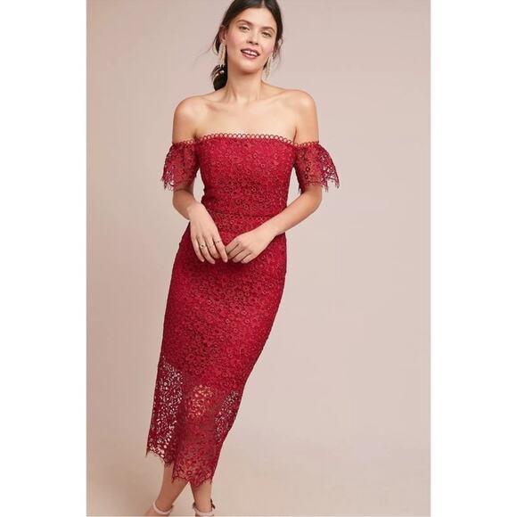 ML Monique Lhuillier Womens Red Raspberry Off The Shoulder Lace Overlay Dress 0P - Picture 2 of 13